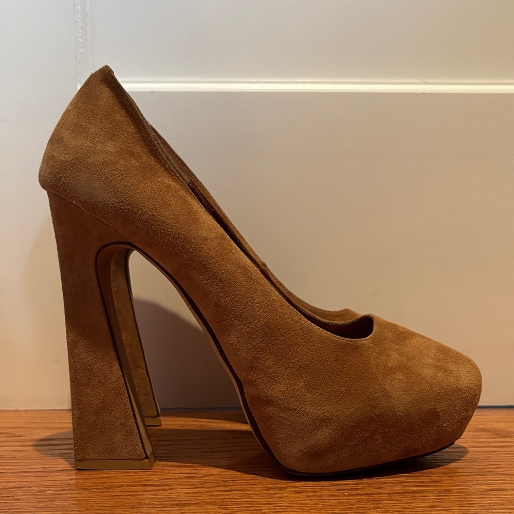 Jeffrey Campbell Eva 2 platform heels in camel color suede with almond toes